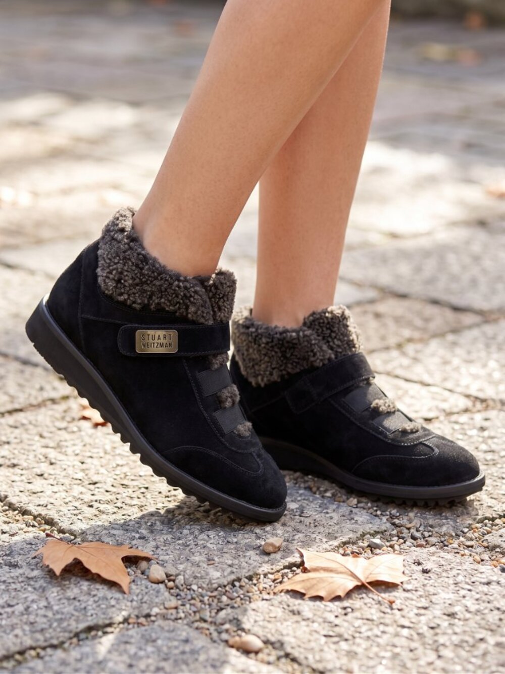 Stuart Weitzman black suede fleece ankle booties boots